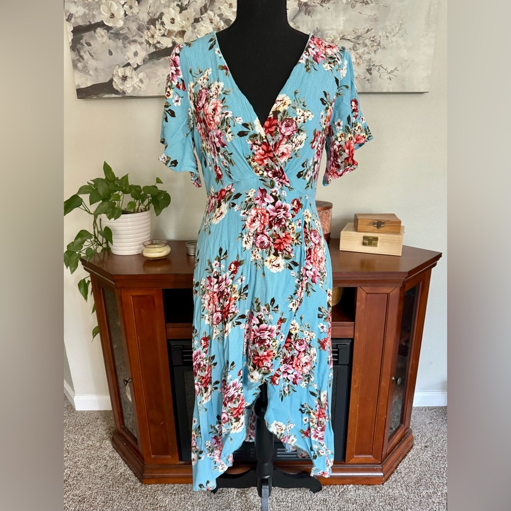 Azalosie Blue Turquoise Floral Faux Wrap Hi-Low Dress - Size L